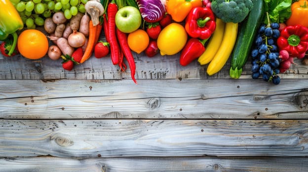 A hardwood table decorated with an assortment of fresh fruits and vegetables, capturing the beauty of local, whole foods in a stunning still life photography AIG50
