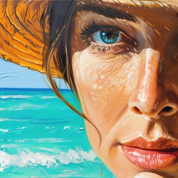 A close up of a womans face with a straw hat, showcasing her nose, cheek, skin, lip, chin, eyebrow, mouth, facial expression, eyelash, and lipstick AIG50