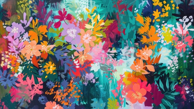 An artistic representation of plants and flowers on a vibrant electric blue background, showcasing a blend of magenta petals and green leaves creating a mesmerizing natural landscape AIG50