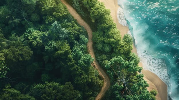 A natural landscape with a beach, trees, and water forming a serene view from above, showcasing the beauty of nature and fluvial landforms AIG50