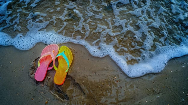 A pair of flip flops in electric blue sit on the beach next to the azure ocean, signifying leisure and happiness in sportswear art AIG50