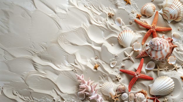 Liquid art event featuring macro photography of seashells, starfish, and arthropods on sandy beach. Patterns inspired by carmine petals and fictional characters in peach hues AIG50