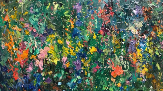 A vibrant abstract painting with a rainbow of colors, including purple, magenta, and electric blue. The artwork depicts a natural landscape with grass and plants, creating a mesmerizing pattern AIG50