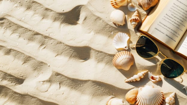 Art meets nature with a display of seashells, a hat, and sunglasses on the beach. The glass, pattern, and fashion accessory create a picturesque event AIG50