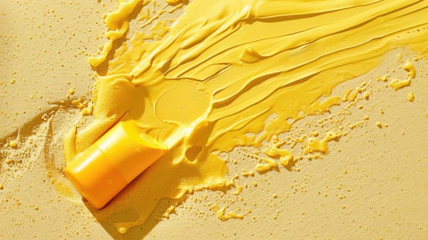 A close up of a vibrant yellow lipstick, resembling the color of a flower petal. The lipstick contains natural ingredients such as flower extracts, giving it a unique hue AIG50