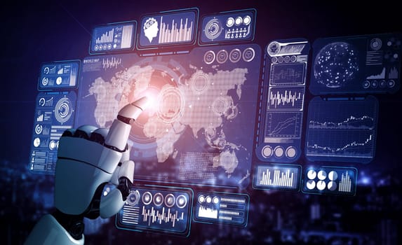 MLP 3D rendering artificial intelligence AI research of robot and cyborg development for future of people living. Digital data mining and machine learning technology design for computer brain.