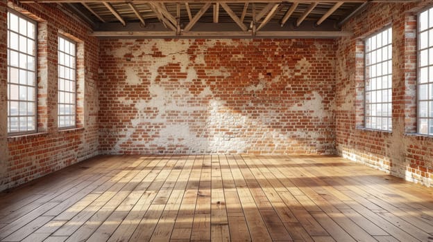 An empty room with brick walls and wooden floors AIG51A.