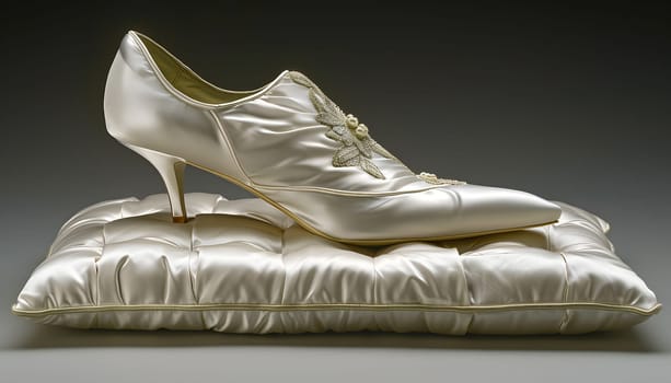 An athletic shoe is placed on a white pillow, creating a sleek still life photography composition. The silver metal details on the footwear add a touch of fashion design to the scene