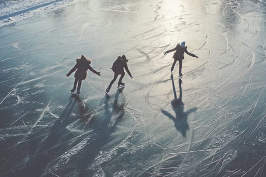 Ice skaters gliding gracefully on a frozen lake, capturing the beauty and precision