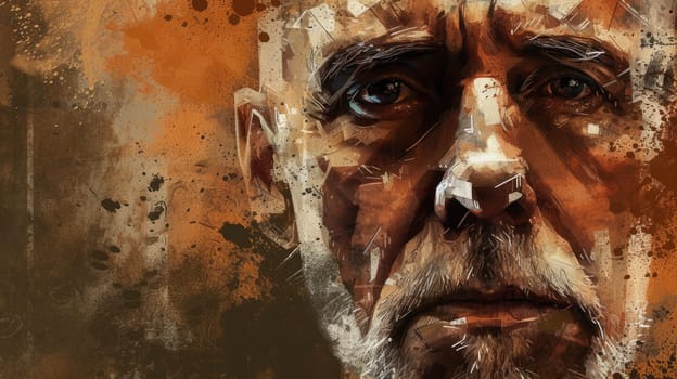 A portrait of creative realistic painting of old middle aged man with wrinkled face and was painted with brown brush. Represent emotional of upset, sorrow, unhappy. Modern impressionist art. AIG42.