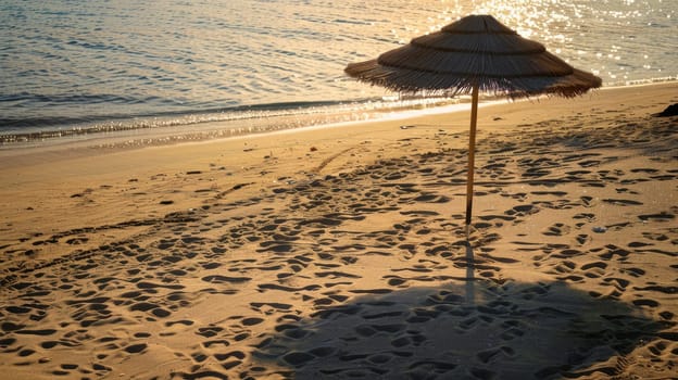 An umbrella rests on the sandy shore of the beach, overlooking the vast expanse of water. Travelers enjoy the scenic landscape as they relax on the shore AIG50