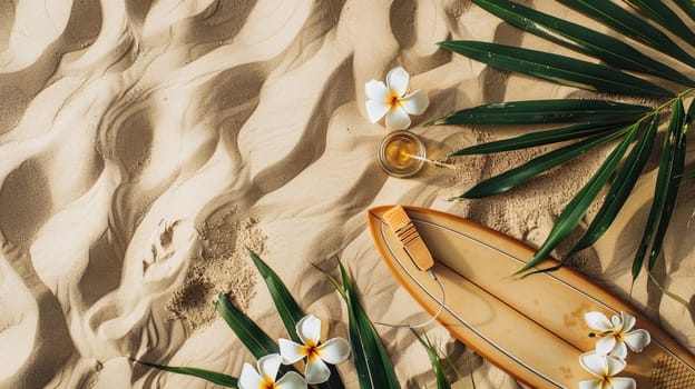 A surfboard rests on a sandy beach, adorned with tropical leaves and flowers. The scene resembles a picture frame of natural art, with vibrant petals and lush greenery AIG50