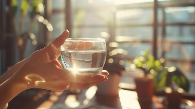 The close up picture of the person is holding the cup of the clear water by their own hand to relax inside the living room for the relaxation near the window that has been shine with sunlight. AIG43.