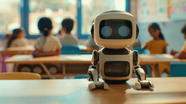 The picture of the robot is staying inside the classroom that has been filled with the children to give advice and assistant for helping the kids, assistant robot is useful for helping human. AIG43.