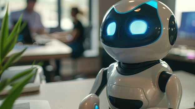 The picture of the robot working as the assistance for the human to provide assist and support, the assistant is the job that require skills like multitasking, organization and communication. AIG43.