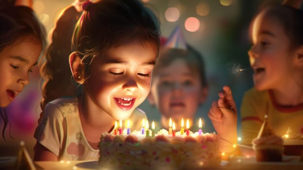 The drawing of the child blowing out the candles of the birthday cake with the happiness and the excitement, the birthday is the celebration day for celebrate the anniversary of their birth. AIG43.