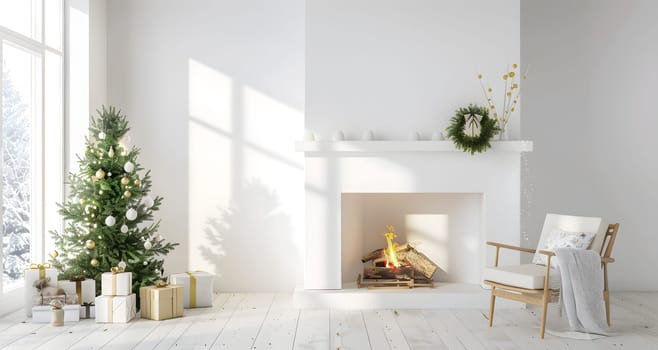 The living room features a Christmas tree by the fireplace, enhancing the cozy atmosphere of the interior design with wooden furniture and flooring