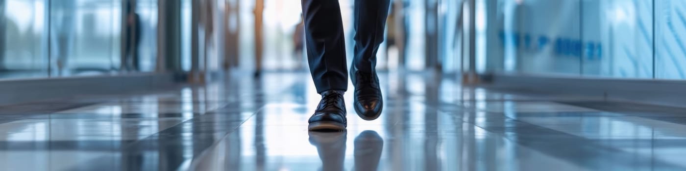 The close up picture of the person is working as a businessman and walking in the office building, the business person require skill like management, communication, negotiation and leadership. AIG43.