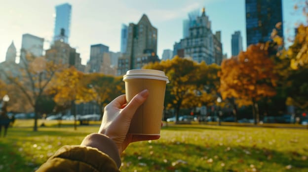 The close up picture of the person is holding the cup of the coffee by their own hand to relax inside the park for the relaxation also has been filled with trees and plants in the bright day. AIG43.