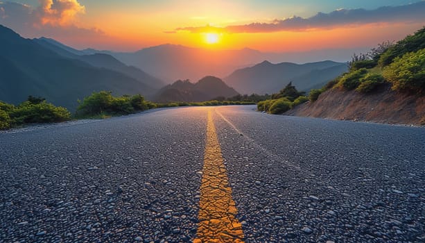 The perspective of the road against the background of sunset and the cityscape. High quality photo