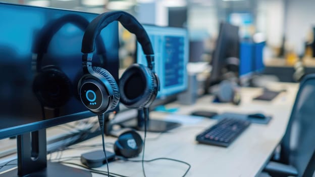 The picture of the headphone or headset inside the office of the call center that has been use to help and give the assistance to the customer, the customer service require communication skill. AIG43.