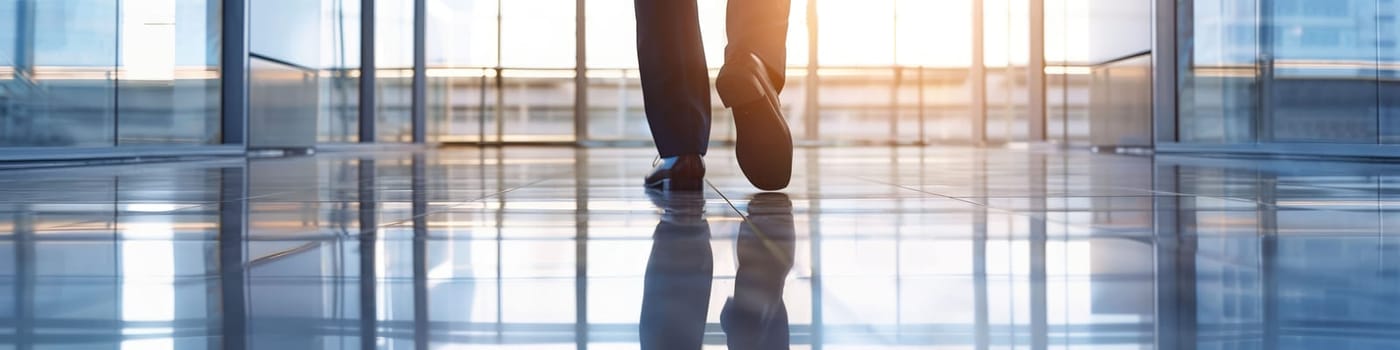 The close up picture of the person is working as a businessman and walking in the office building, the business person require skill like management, communication, negotiation and leadership. AIG43.