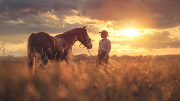 The picture of the cowboy or horse trainer with the horse that has been surrounded with wild nature under the sun at the dawn or dusk time, horse trainer require handling skills and technique. AIG43.