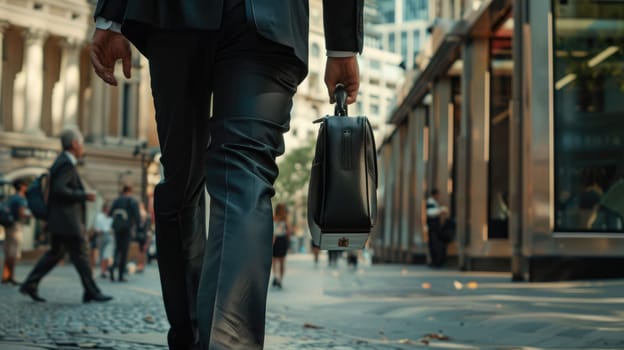 The picture of the person is working as business person with bag and walking in street at the city, the businessman require skill like management, negotiation, marketing and the communication. AIG43.