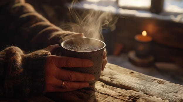 The close up picture of the person is holding the cup of the coffee by their own hand that has been rest on the table made from wood in the cozy warm feel inside the room for the relaxation. AIG43.