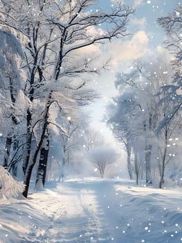 A winter wonderland with snowcovered trees and a road passing through the icy forest creating a serene natural landscape under the freezing sky