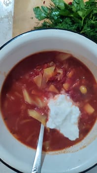 red borscht soup with parsley, food lunch cooking. High quality photo