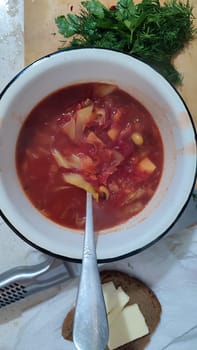 red borscht soup with parsley, food lunch cooking. High quality photo