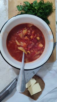 red borscht soup with parsley, food lunch cooking. High quality photo