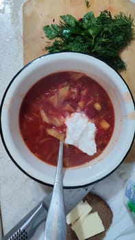 red borscht soup with parsley, food lunch cooking. High quality photo