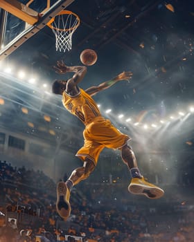 A basketball player is engaging in impressive basketball moves as they soar through the air to dunk the ball into the basketball hoop