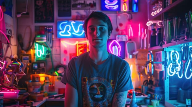 The picture of the neon light artist is working inside workshop that filled with colourful light, the neon light artist require skill like creativity, electrical knowledge and safety awareness. AIG43.
