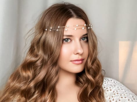 Beautiful bridal look, bride with long hair, wearing pearl tiara jewellery and beauty makeup, woman with curly hairstyle, face portrait for wedding and fashion style idea