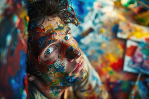 The picture of the person is painting art with colours and working inside their own workshop filled with colourful colour, the painter require skill like creativity, imagination and experience. AIG43.