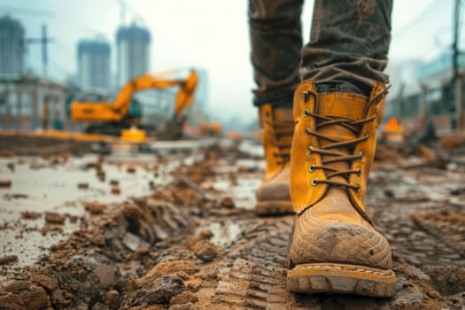 The close up picture of the worker walking inside construction site while wearing the safety shoes, the construction worker require skill like technical knowledge, safety awareness, strength. AIG43.