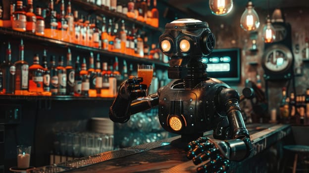 The picture of the robot that working as the bartender at the bar also serving the beverage or cocktails, the bartender require skill ingredient knowledge, menu development and flavor pairing. AIG43.