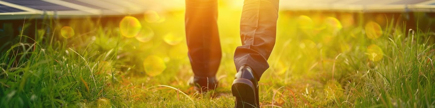The picture of the person is working as business person walking to work near a grass and windmill, the businessman require skill like management, negotiation, marketing and the communication. AIG43.