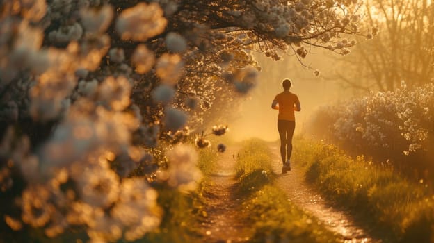 The picture of the runner is running in park that has been filled with flower, the jogging is the type of the cardio sport, the running sport require endurance training and proper running form. AIG43.