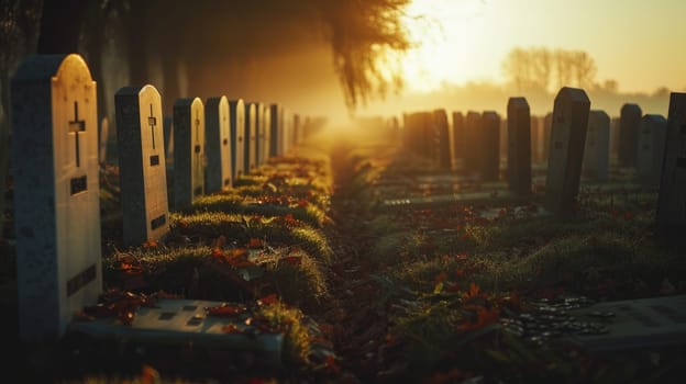 A military cemetery with rows of solemn gravestones, Concept of the legacy of those lost in war.