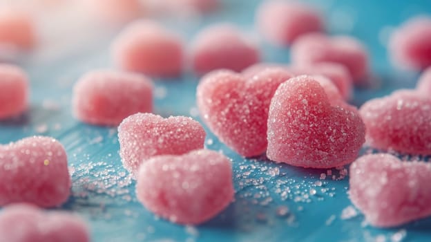The close up view of picture of a lot of the pink candy, sweet, sugar, and jelly that has been put around the table or floor and gathered together and has been filled with various type sweet. AIGX01.
