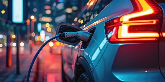 A picture about the electric vehicle that has been charging at the charging station and has been connected with the charger that has been connecting to the electric vehicle to become new tech. AIGX01.