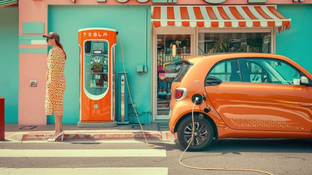 The pastel picture of the person holding the charger to charging the electric vehicle or ev car, the chargeable car is the new technology in renewable green energy that friendly to the world. AIG43.