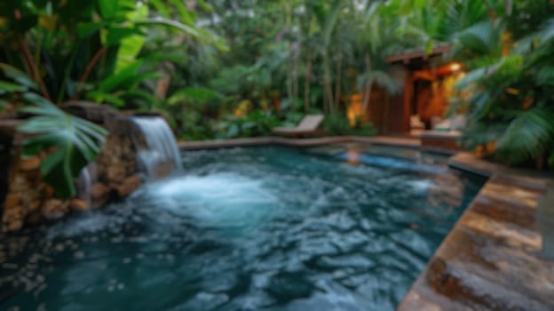 Blur background of luxurious resort spa relaxation area amidst dense tropical greenery. Resplendent.