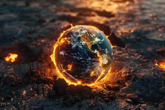 A small planet is surrounded by fire and lava, Global warming concept.