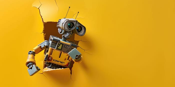 Close up view picture of the hollow yellow hole on the the wall that show the robot stay inside the wall that has been made from some material yet still can break to look through other side. AIGX03.