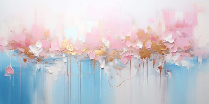The abstract picture of the gold, pink and blue colour that has been painted or splashed on the white blank background wallpaper to form the random shape that cannot be describe yet beautiful. AIGX01.